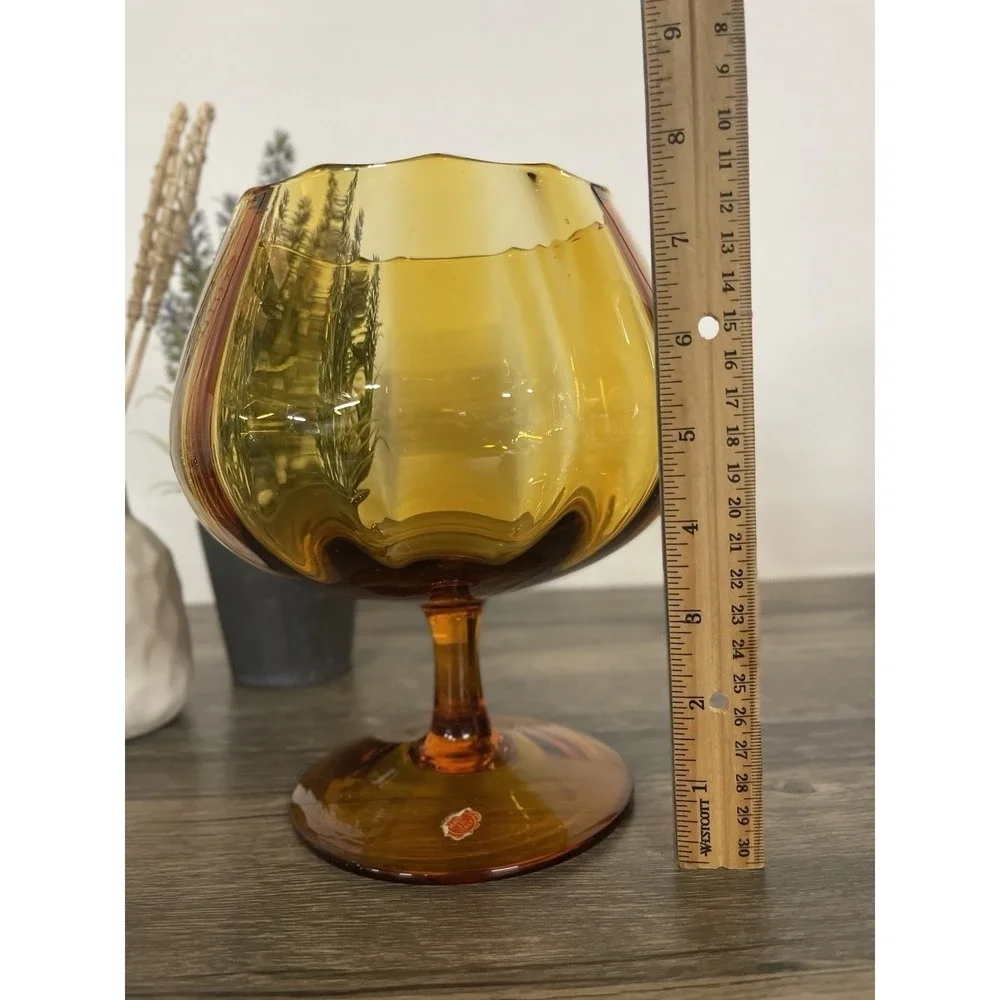 Vintage Italian Amber Glass Brandy Snifter Vase Optic Ribbed Scalloped Rim 8in